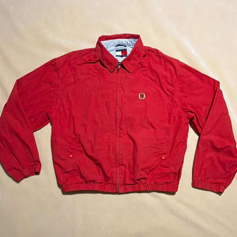 VTG Tommy Hilfiger Mens Red Harrington Sailing Coat Sz L Full Zip Logo Pockets